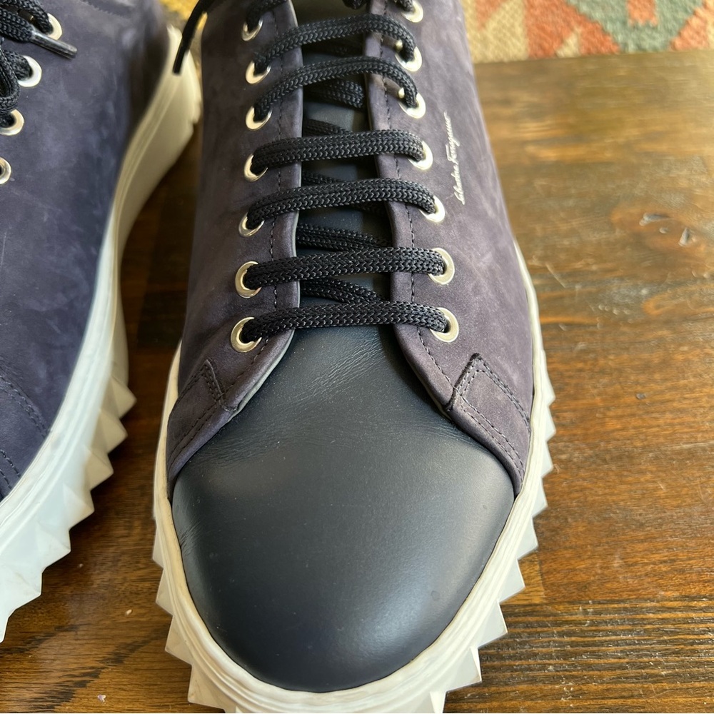 Salvatore Ferragamo $895 Cube Suede & Leather Low-Top Sneakers Navy - Picture 6 of 14